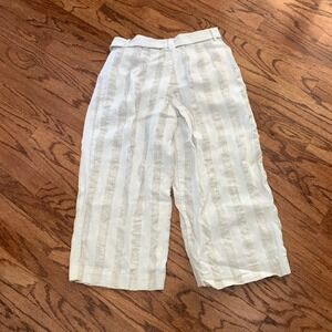 Linen Blend Cream‎ Beige Striped Wide Leg Cropped Boho Beach Pants W/Belt Size 4
